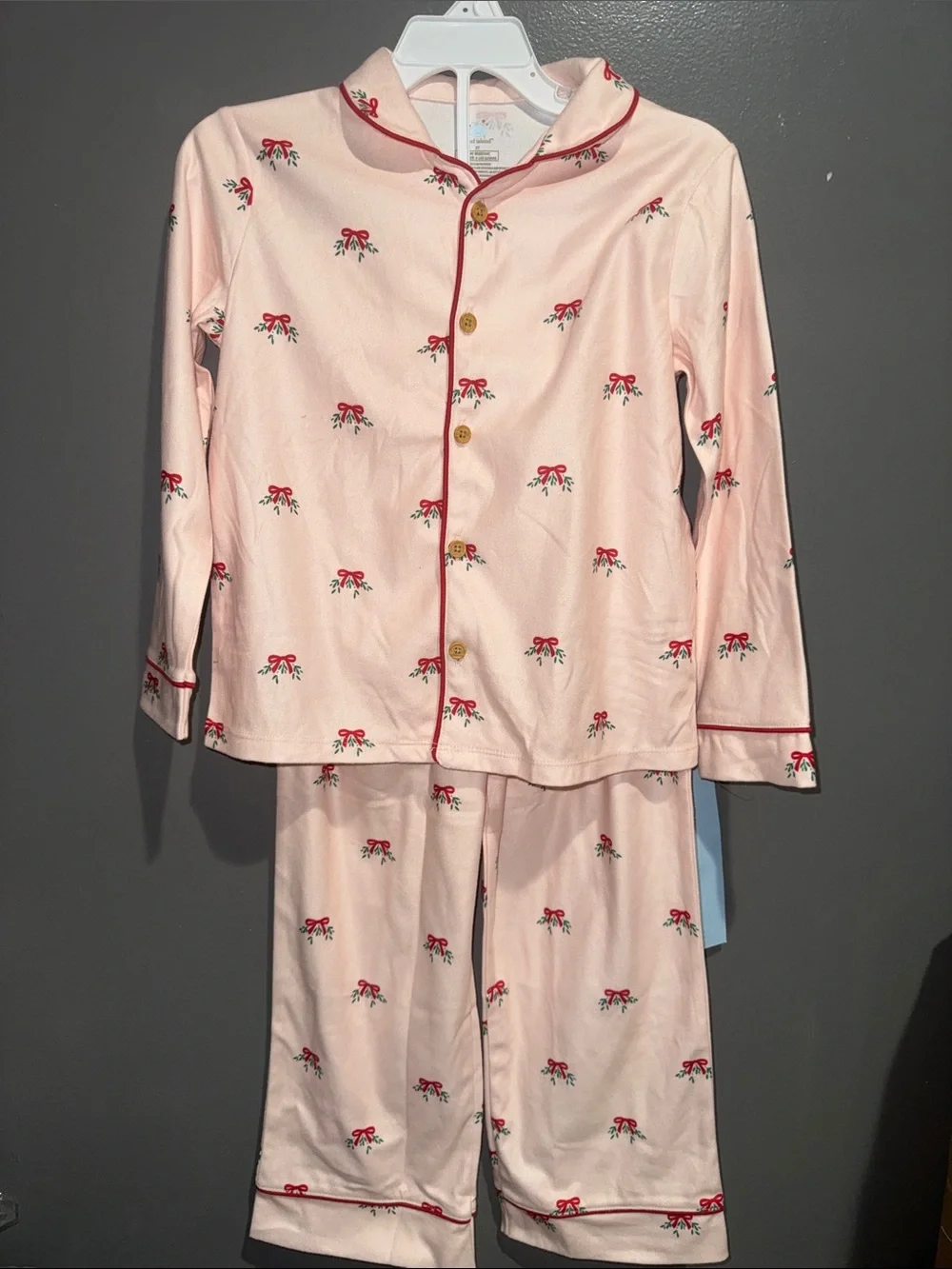 cloud island Pink Pajama Set with Red Bow Print